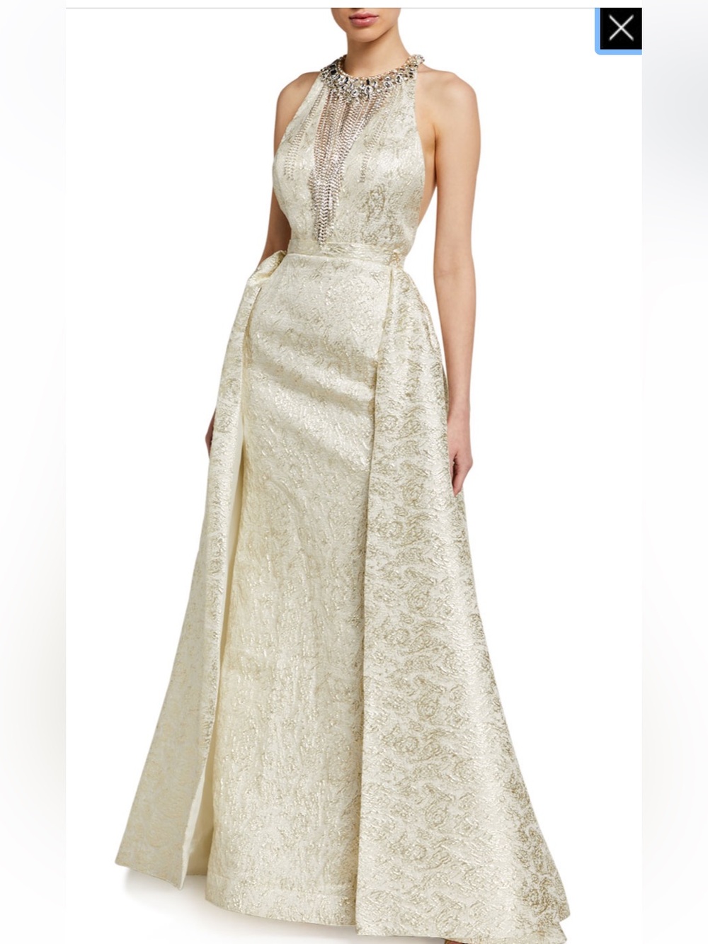 Mac Duggal Cream Metallic Brocade Halter Maxi Gown with Jeweled Neckline